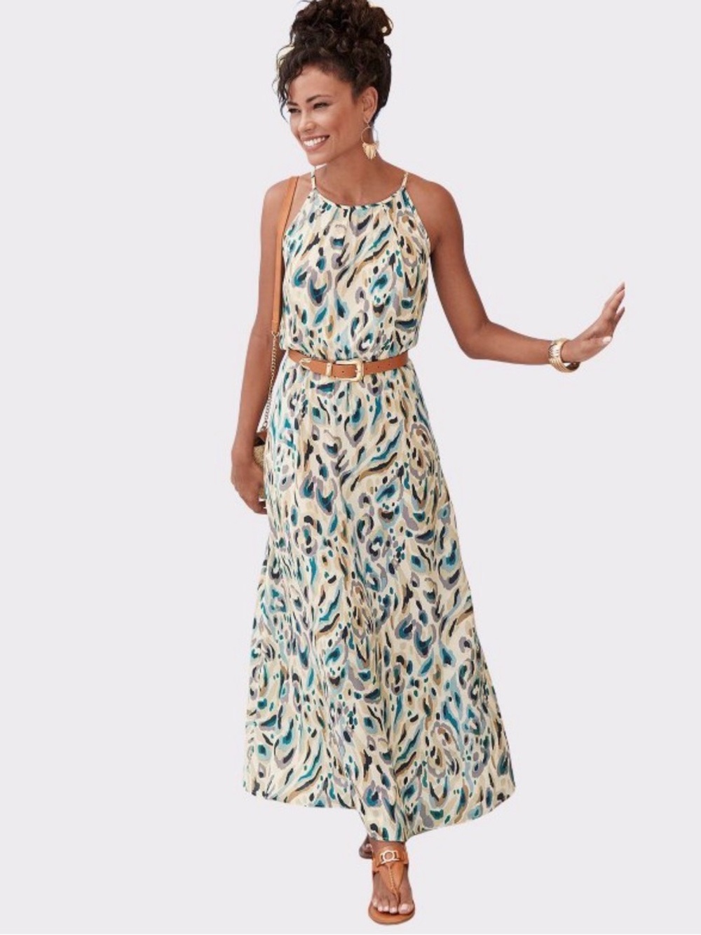 Sleeveless Teal & Cream Printed Halter Maxi Dress